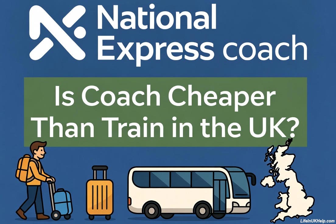 An illustration showing a coach and luggage, asking: Is coach travel cheaper than train travel in the UK?