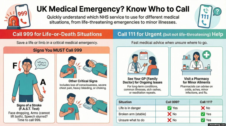 Infographic showing when to call 999 or 111 in the UK for medical emergencies and urgent help.