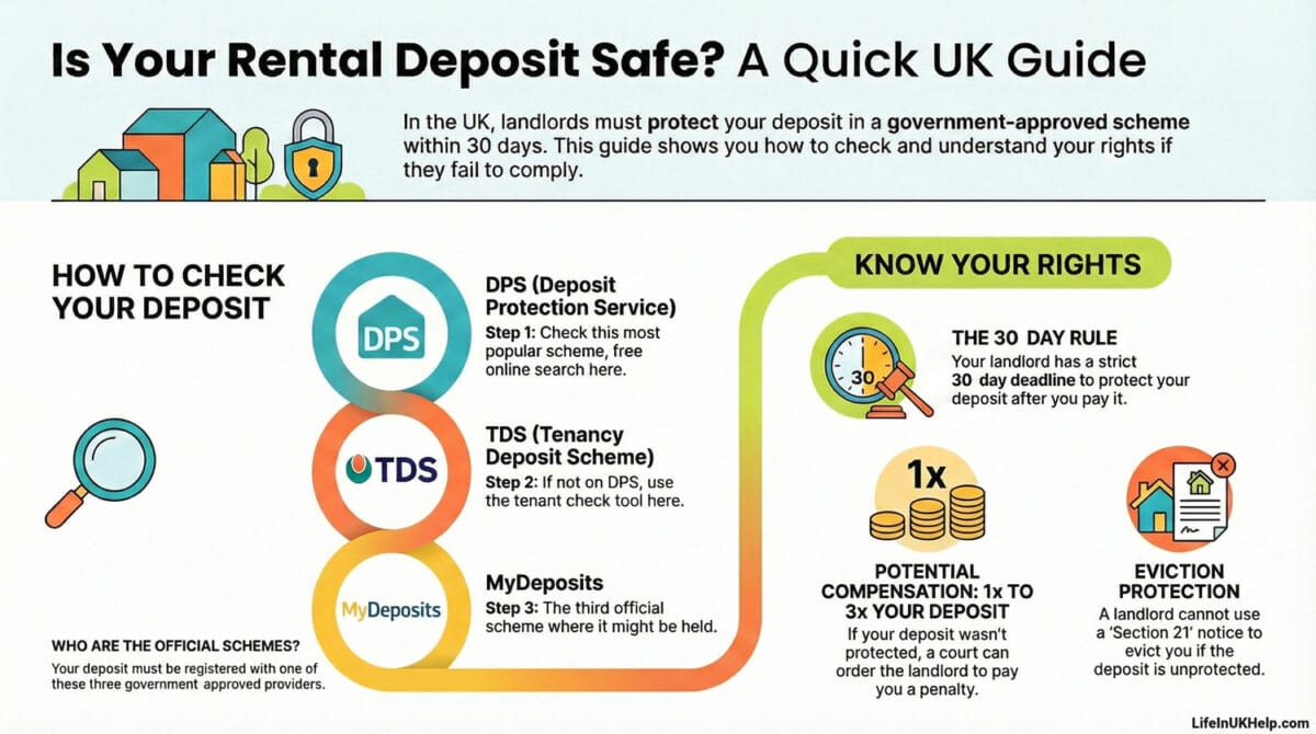 "Infographic showing how to check UK tenancy deposit schemes (DPS, TDS, MyDeposits) and tenant rights."