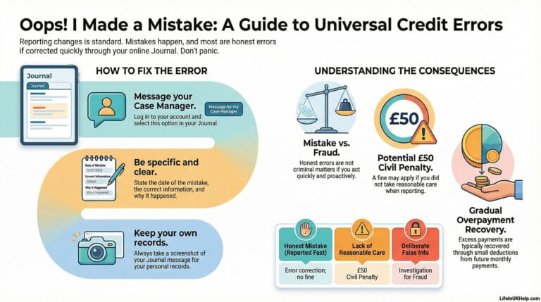 An educational infographic by LifeInUKHelp.com explaining how to fix a Universal Credit mistake, the difference between honest errors and fraud, and the £50 civil penalty.